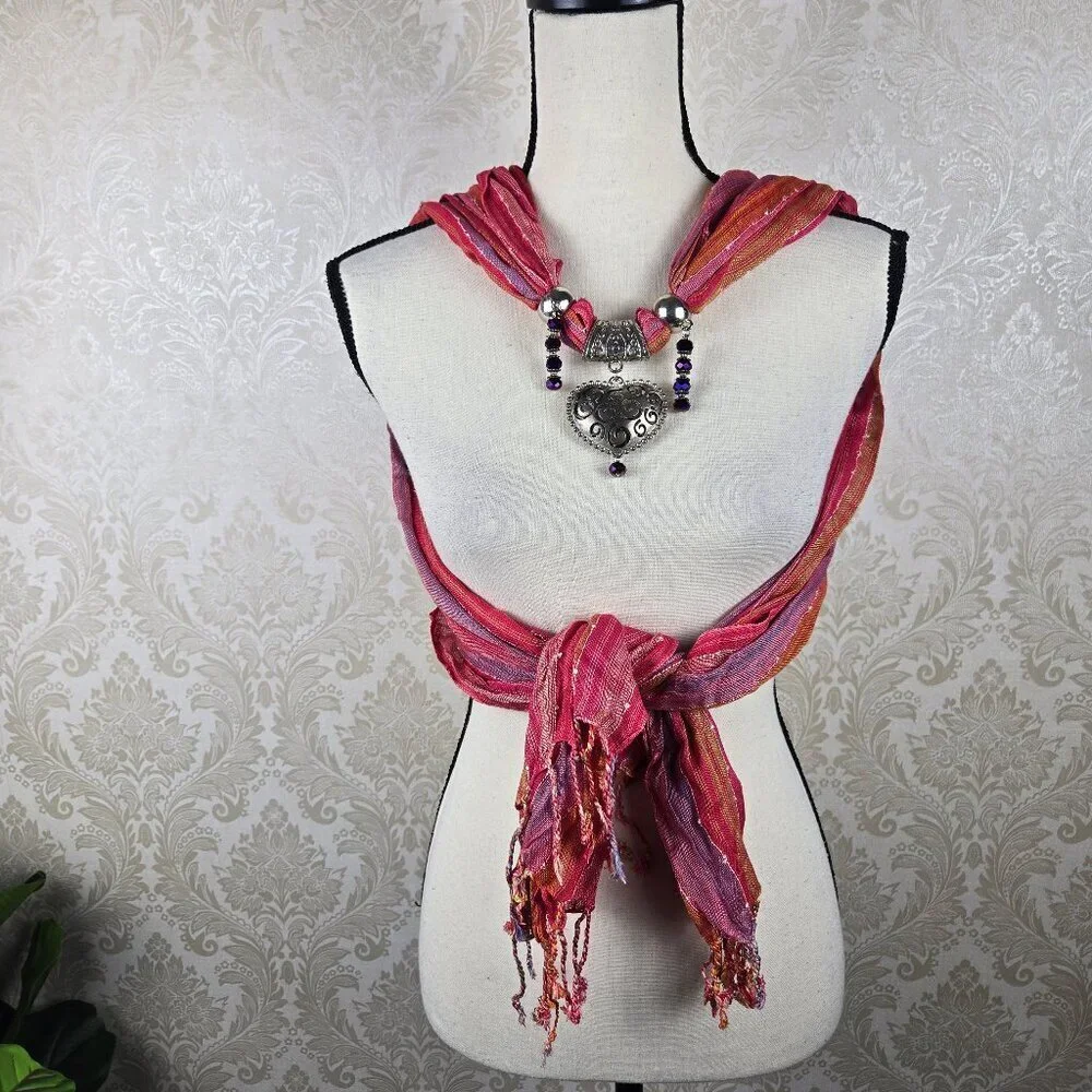 Pink Orange Striped Infiniti Style Versatile Scarf Silver/Purple Beaded Jewelry